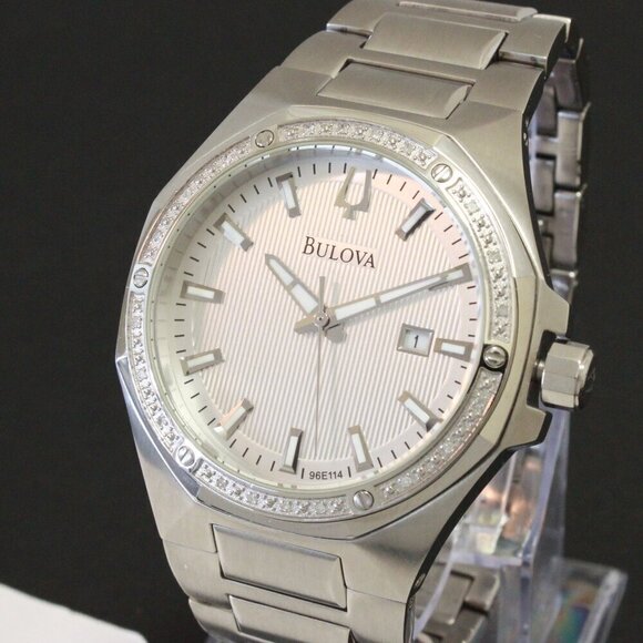Bulova Men's Watch Diamond-Accent Bezel Integrated Bracelet Silver Textured Dial - Picture 1 of 15